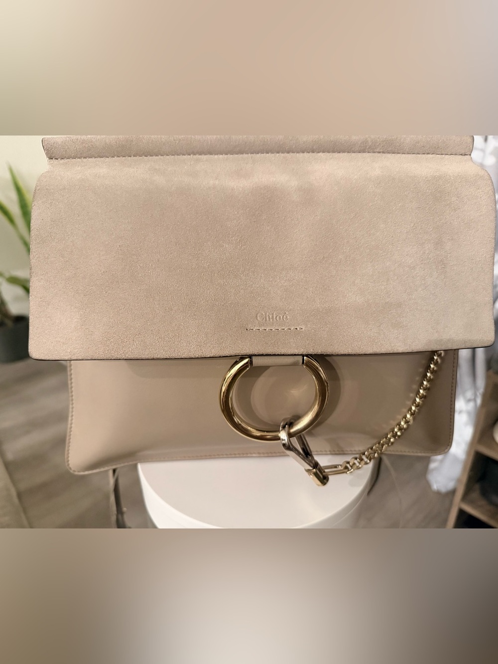 Pre-owned Yves Saint Laurent Beige Suede and Leather Shoulder Bag with Gold Ring